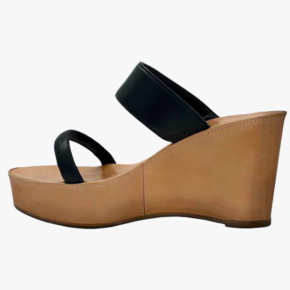 ROBERT CLERGERIE BLACK & TAN LEATHER PLATFORM WEDGES SIZE 8.5